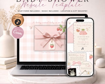 Berry Sweet Baby Shower Website Invitation With RSVP | Digital Girl Strawberry Invite | Editable Canva Template | Music Included