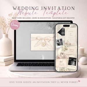 Vintage Ivory Swan Wedding Website Invite With RSVP | Elegant Animated Digital Envelope Invitation | Editable Canva Template