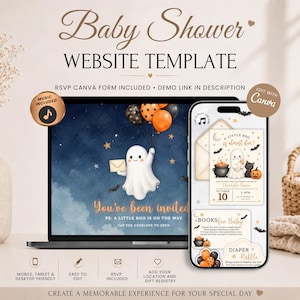 Op de afbeelding: Een website sjabloon voor een babyshower, weergegeven op een laptop en smartphone. Het ontwerp toont een spook met ballonnen, met de tekst "Baby Shower" en "You've been invited". Het ontwerp bevat een Canva bewerkingsoptie.