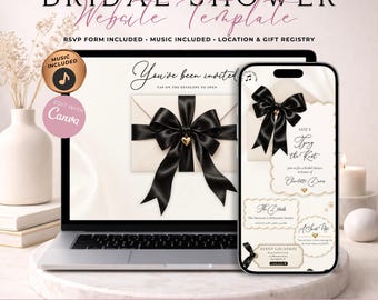 She's Tying The Knot Bridal Shower Website Invitation With RSVP | Black Coquette Bow Evite | Editable Canva Digital Invite