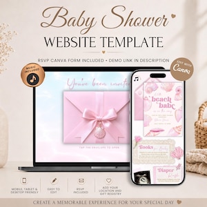 Op de afbeelding: Een website sjabloon voor een babyshower weergegeven op een laptop en smartphone. De laptop toont een roze envelop met een schelpenbedel. De smartphone toont een uitnodiging met een strandthema met schelpen.