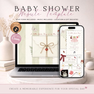 Op de afbeelding: Een digitale babyshower website template weergegeven op een laptop en smartphone scherm. Het ontwerp heeft een lichtgroene gestreepte achtergrond, lieveheersbeestje illustraties en tekst waaronder A little Love Bug is on the way.