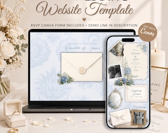 Hochzeitseinladung im Vintage-Gartenstil mit Antwortmöglichkeit in staubigem Blau | Bearbeitbare Canva-Vorlage
