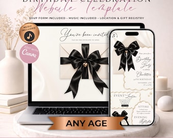 Black Bow Birthday Website Invitation With RSVP | Luxury Elegant Birthday Party Evite | Editable Canva Digital Template | Music Included