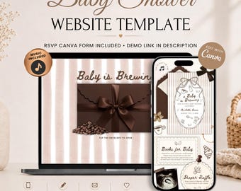 Invito per baby shower a tema "A Baby Is Brew" con conferma di partecipazione | Invito per baby shower a tema caffè | Modello Canva modificabile | Musica inclusa