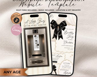 Black Bow Photo Booth Birthday Website Invitation With RSVP | Elegant Coquette Birthday Evite | Editable Canva Template | Any Age