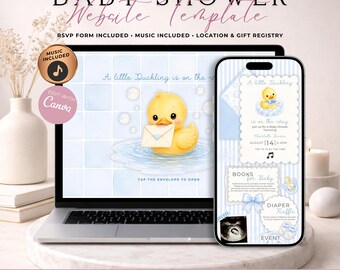 Little Duckling Boy Baby Shower Website Invitation With RSVP | Digital Rubber Duck Invite | Editable Canva Template | Music Included