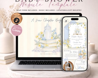 New Chapter Begins Baby Shower Website Invitation With RSVP | Blue Floral Storybook Invite | Editable Canva Template | Music Included