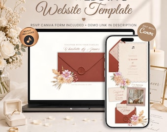 Einladung zur Herbsthochzeit mit RSVP-Funktion | Boho-Stil in Terrakotta und Altrosa | Interaktives Öffnen des Umschlags | Bearbeitbare Canva-Vorlage