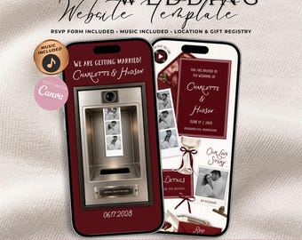 Burgundy Photo Booth Wedding Website Invitation With RSVP | Vintage Floral Wedding Evite | Editable Canva Wedding Website Template