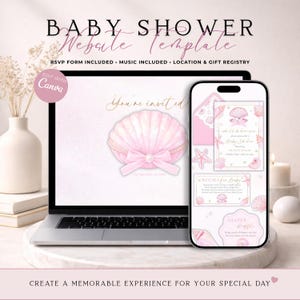 Shell Be Here Soon Baby Shower Website Invite Template With RSVP | Editable Canva Template