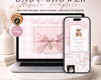 Pink We Can Bearly Wait Baby Shower Website Invitation With RSVP | Digital Girl Classic Teddy Bear Evite | Editable Canva Template