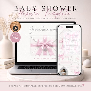 Pink Little Snowflake On The Way Baby Shower Website Invitation With RSVP | Animated Winter Girl Baby Shower Evite | Editable Canva Template