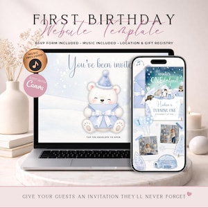 Op de afbeelding: Een digitale website-sjabloon voor een eerste verjaardag, weergegeven op een laptop en smartphone. Het ontwerp heeft een winterthema met een witte beer die een blauwe envelop vasthoudt, en tekst met "winter ONEderland" en "Hudson is TURNING ONE."
