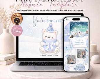 Winter Onederland First Birthday Website Invitation With RSVP | Animated Arctic Animals Boy 1st Birthday Evite | Editable Canva Template
