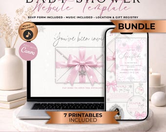 Pink Little Snowflake On The Way Baby Shower Website Invitation Bundle With RSVP | Animated Winter Girl Baby Shower Evite | Canva Template
