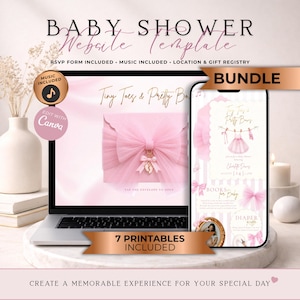 May include: A digital baby shower website template bundle displayed on a laptop and smartphone screen. The design features a soft pink color palette with tulle bow graphics, gold text, and baby-themed illustrations. Includes RSVP, music, and registry sections.