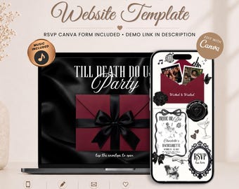 Einladung zum Junggesellinnenabschied „Bride Or Die“ mit RSVP-Funktion | Ablaufplan für die „Bis dass der Tod uns scheidet“-Party | Bearbeitbare Canva-Vorlage | Musik inklusive