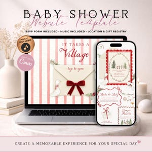 Invitación virtual para baby shower "It Takes A Village" con confirmación de asistencia | Invitación electrónica de invierno para Navidad | Plantilla editable de Canva | Música incluida