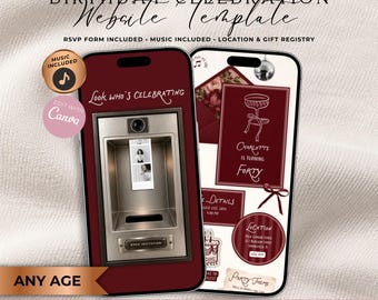 Burgundy Photo Booth Birthday Website Invitation With RSVP | Any Age 30th 40th 50th Birthday Evite | Editable Canva Template