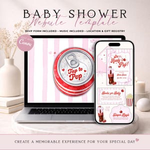 Op de afbeelding: Een digitale babyshower website template weergegeven op een laptop en smartphone scherm. Het ontwerp bevat een rood frisdrankblikje met de tekst Tap to Pop, een She's Ready to Pop uitnodiging, een Books for Baby kaart en een Diaper Raffle ticket.