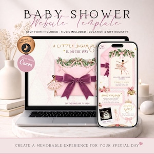 Op de afbeelding: Een digitale babyshower website template weergegeven op een laptop en smartphone scherm. Het ontwerp bevat een roze envelop met een donkerroze strik, een ballerina illustratie en de tekst A LITTLE SUGAR PLUM IS ON THE WAY.