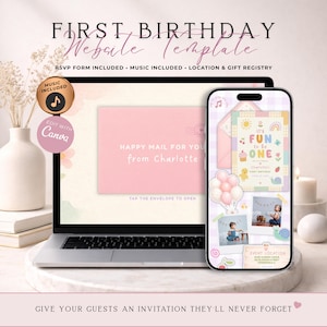 It's Fun To Be One Birthday Website Invitation With RSVP | Whimsical Evite | Editable Canva Template | Pink Girl Version | Music Included