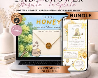 Little Honey On The Way Baby Shower Website Invitation Bundle With RSVP | Classic Honey Bear | Editable Canva Template | Music Included