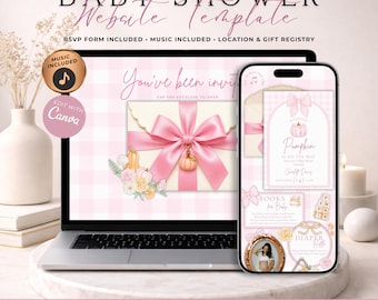 Pink Little Pumpkin On The Way Baby Shower Website Invitation With RSVP | Girl Fall Evite | Editable Canva Template | Music Included