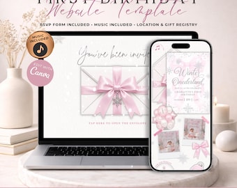 Winter Onederland Girl First Birthday Website Invitation With RSVP | Animated Pink Snowflake 1st Birthday Evite | Editable Canva Template