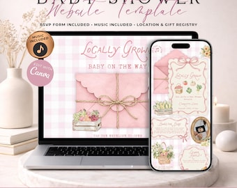 Locally Grown Girl Baby Shower Website Invitation With RSVP | Pink Gingham Farmers Market Evite | Editable Canva Template | Music Included