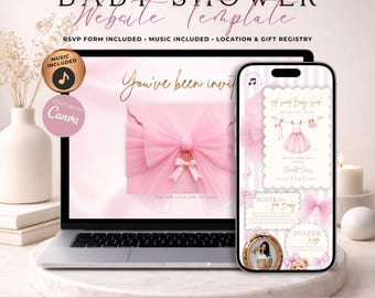 Pink Coquette Bow Baby Shower Website Invitation With RSVP | Digital Pink & Gold Girl Invite | Editable Canva Template | Music Included