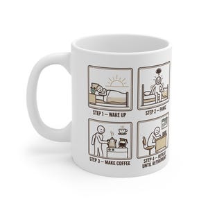 Puede incluir: Taza de café de cerámica blanca con un gráfico en negro y marrón que representa los pasos de una rutina matutina: despertar, pánico, hacer café y repetir hasta la jubilación. La taza tiene un asa curvada.