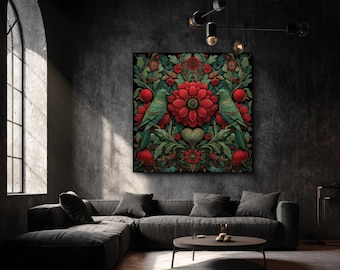 Blommig fågelväggkonst, vintage botanisk canvas, mörkt symmetriskt folkmönster, ornamentalt naturtryck