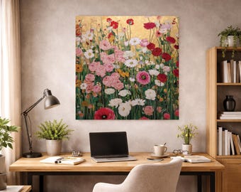 Guldfärgad botanisk canvastavla i Klimt-stil med inramad tavla i sovrummet