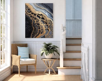 Abstraktion i guldfärgad väggkonst, neutrala moderna toner, lyxiga heminredningar