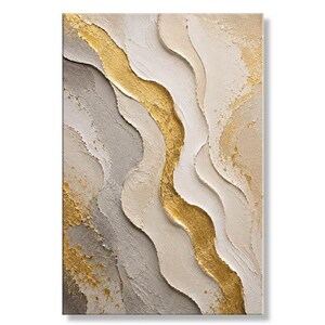 Cuadro Abstracto Beige Blanco y Dorado, Arte Texturizado Moderno, Lienzo Vertical Elegante para Salón y Dormitorio
