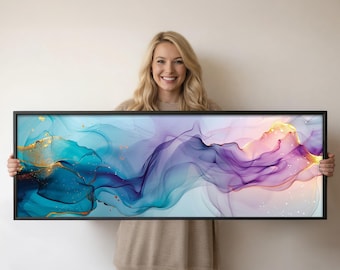 Panoramic Abstract Wall Art Teal Purple Gold Canvas Print,Large Horizontal Wall Decor