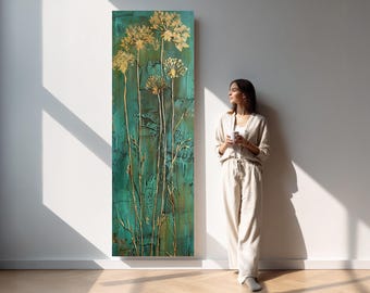 Vertical Botanical Wall Art Gold Flowers Teal Canvas Painting, Modern Abstract Plant Wall Decor