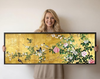 Japansk trana väggkonst guld blommig panorama canvas japansk sovrumsinredning lyxig orientalisk