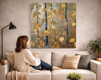 Stor abstrakt väggkonst på canvas Modern bladguld, stor botanisk poster