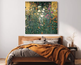 Guldfärgad blommig väggkonst mönster Klimt-stil botanisk canvastavla, lyxiga sovrumsinredningsidéer