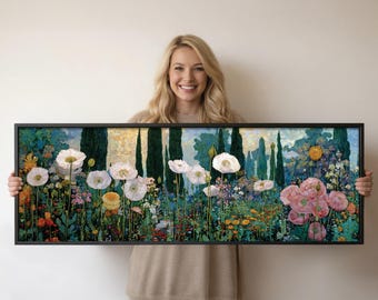 Panoramic Floral Wall Art Printable, Wildflower Landscape Painting, Vintage Garden Decor, Horizontal Canvas Style