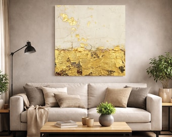 Guldfärgad abstrakt canvastavla, Wabi Sabi-texturväggkonst, minimalistisk vardagsrumsinredning