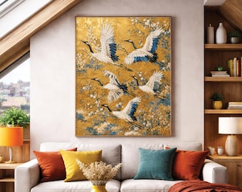 Japansk trana väggkonst, guldfärgad botanisk fågelcanvas, elegant konstverk med flygande tranor
