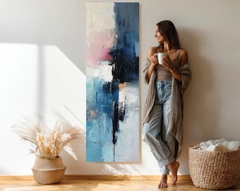Vertical Abstract Wall Art Blue Black Canvas Painting, Modern Minimalist Large Wall Decor