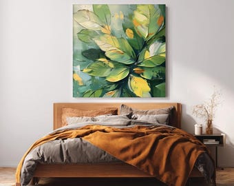 Green Botanical Wall Art, Textured Leaf Canvas Print, Modern Abstract Plant Painting
