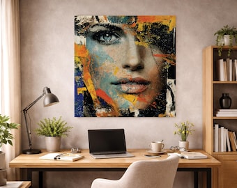 Abstrakt kvinnans ansikte, stor väggdekoratör, inramad canvastavla i färgglad färg