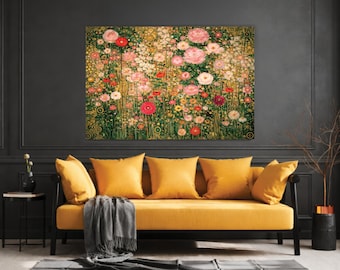 Blommig trädgårdsväggkonst, Vintage botanisk blomduk, romantiskt rosa blomfält