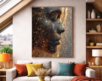 Abstrakt guldfärgad kvinna canvastavla, afrocentriskt porträtt, inramad tavla, stor modern dekor